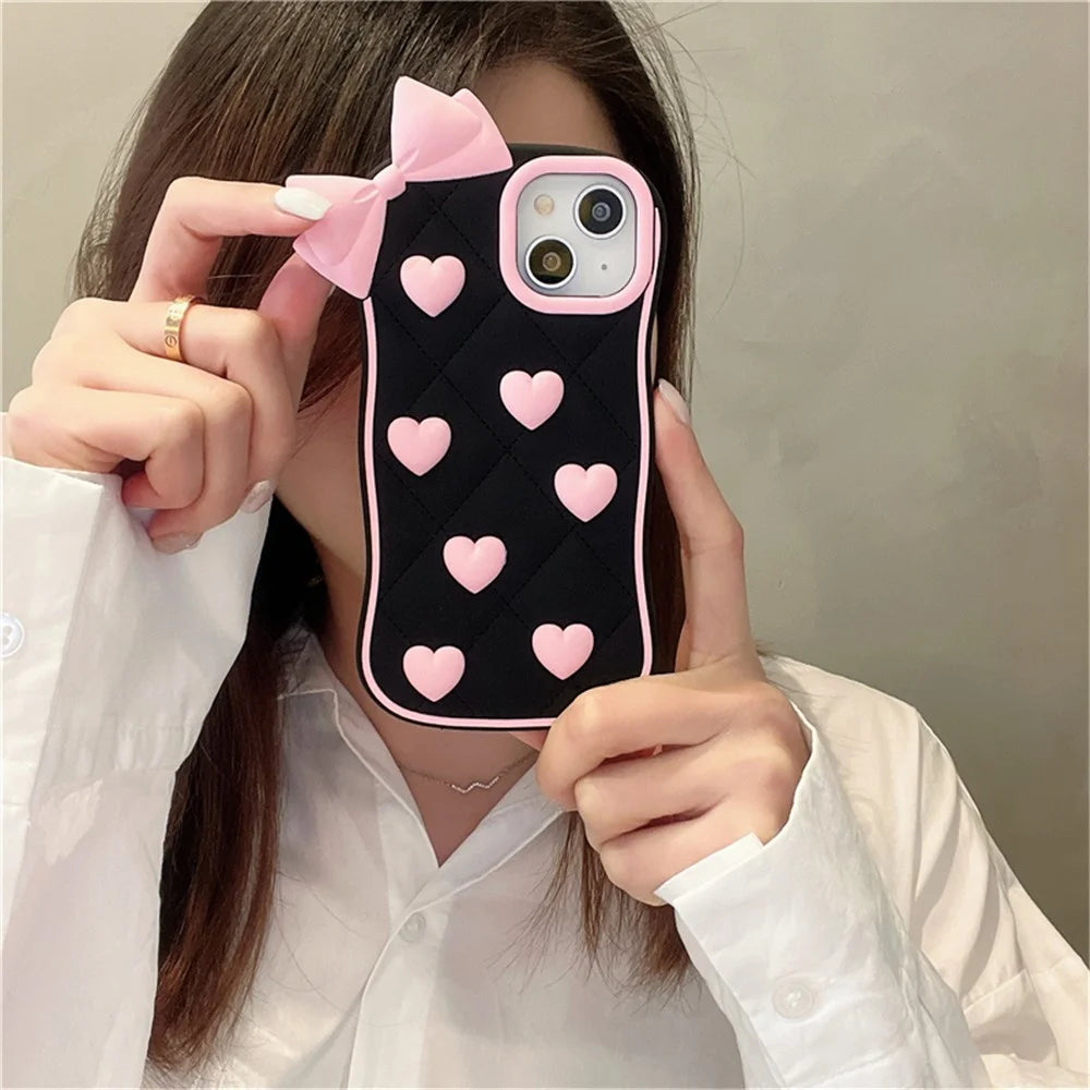For iPhone 15 Silicone Case Cute Love Bow Design Shockproof Phone Back Cover - 5