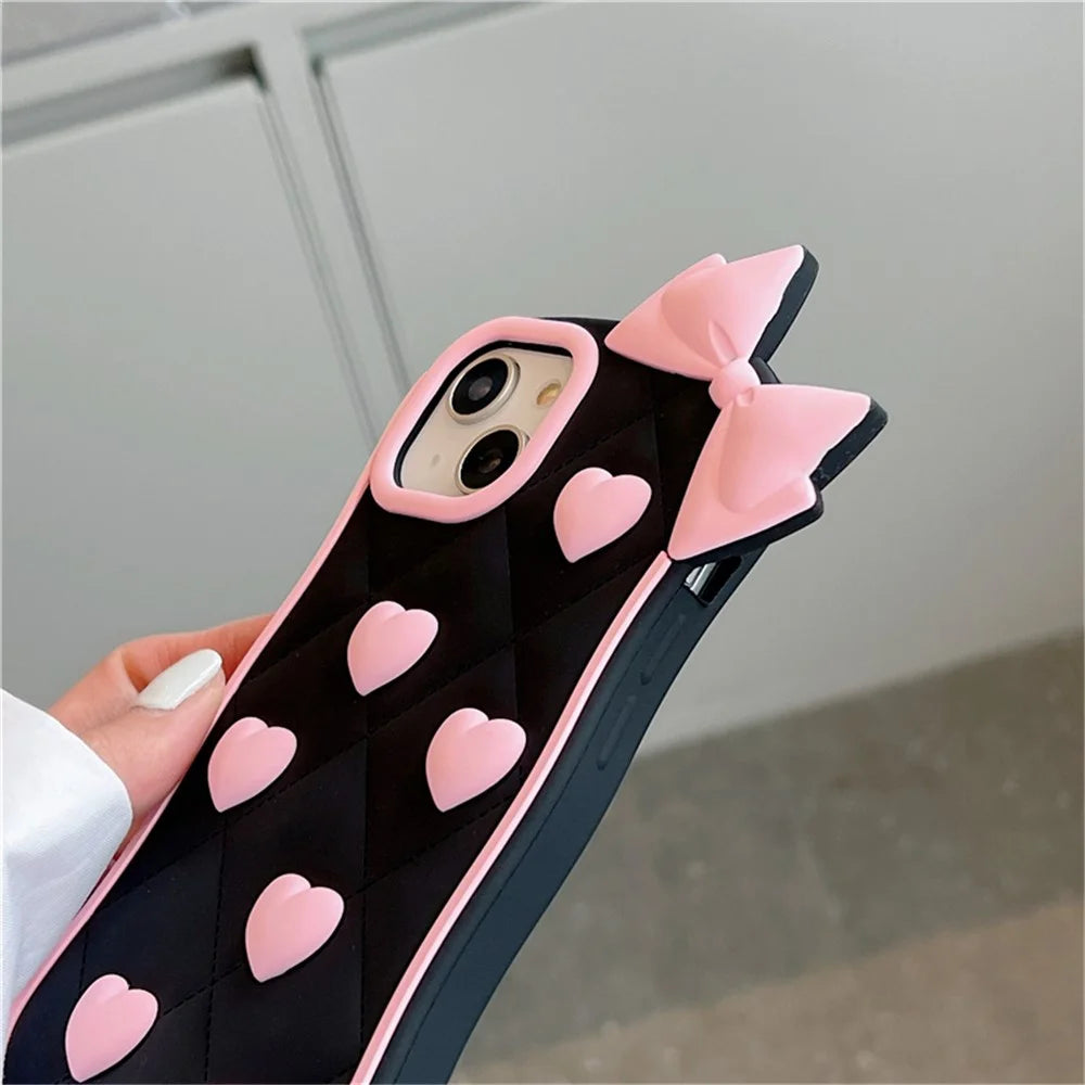 For iPhone 15 Silicone Case Cute Love Bow Design Shockproof Phone Back Cover - 7
