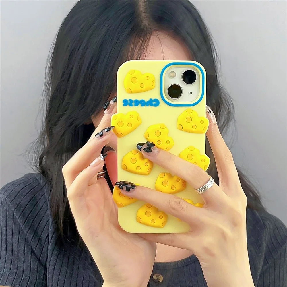 For iPhone 15 Silicone Case Cute 3D Yellow Cheese Design Shockproof Phone Back Cover - 4