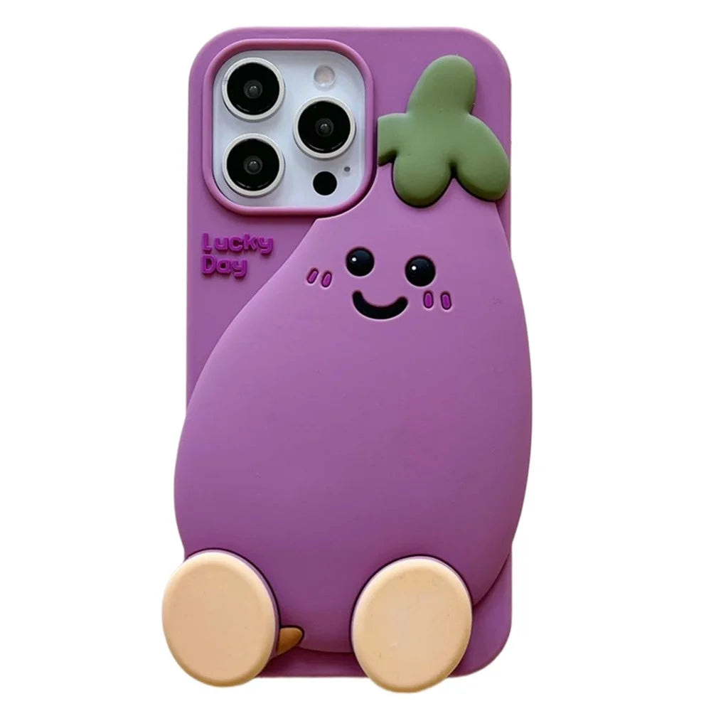 For iPhone 16 Pro Max Silicone Case Cute Eggplant Design Shockproof Phone Back Cover - 1