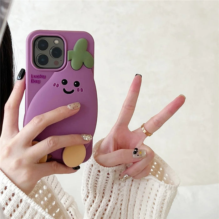 For iPhone 16 Pro Max Silicone Case Cute Eggplant Design Shockproof Phone Back Cover - 4