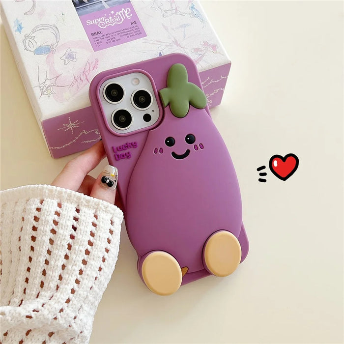 For iPhone 16 Pro Max Silicone Case Cute Eggplant Design Shockproof Phone Back Cover - 5