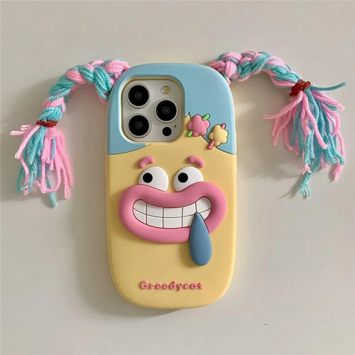 For iPhone 16 Pro Max Silicone Case Cute Colorful Braids Girl Design Shockproof Phone Back Cover - 1