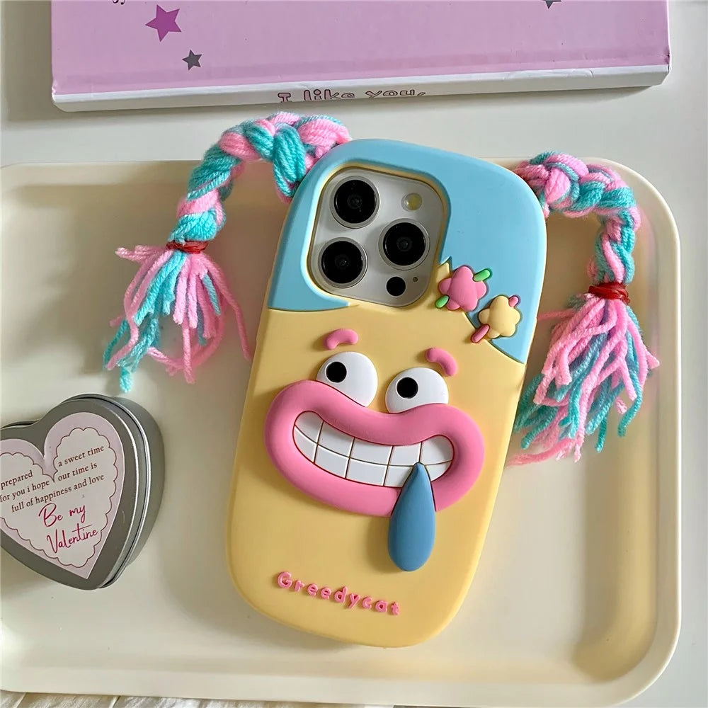 For iPhone 16 Pro Max Silicone Case Cute Colorful Braids Girl Design Shockproof Phone Back Cover - 2