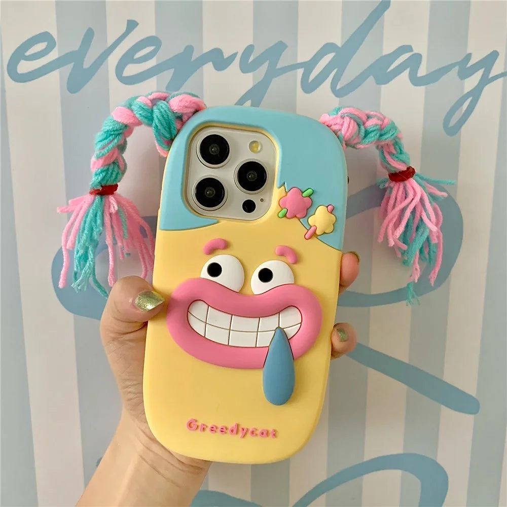 For iPhone 16 Pro Max Silicone Case Cute Colorful Braids Girl Design Shockproof Phone Back Cover - 3