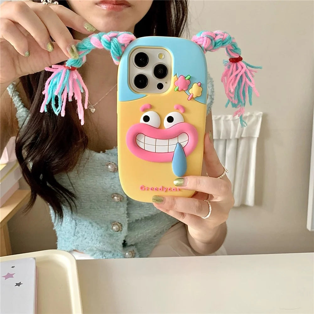 For iPhone 16 Pro Max Silicone Case Cute Colorful Braids Girl Design Shockproof Phone Back Cover - 4