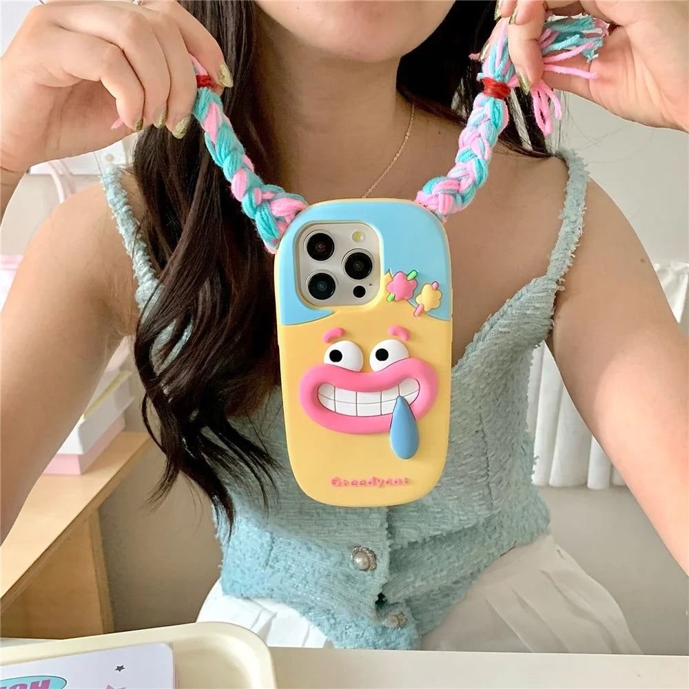 For iPhone 16 Pro Max Silicone Case Cute Colorful Braids Girl Design Shockproof Phone Back Cover - 5
