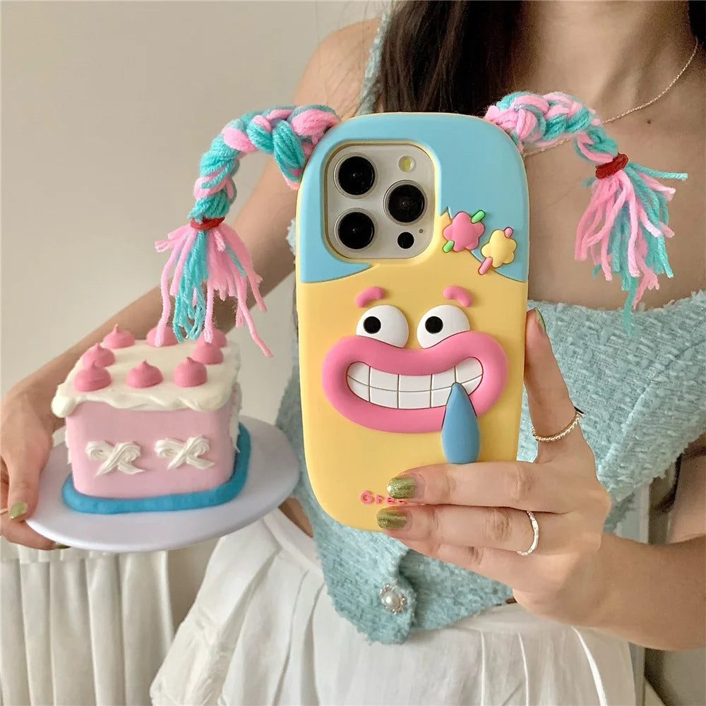For iPhone 16 Pro Max Silicone Case Cute Colorful Braids Girl Design Shockproof Phone Back Cover - 6