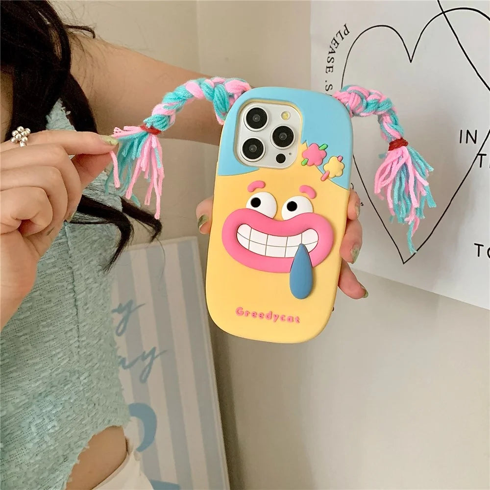 For iPhone 16 Pro Max Silicone Case Cute Colorful Braids Girl Design Shockproof Phone Back Cover - 7