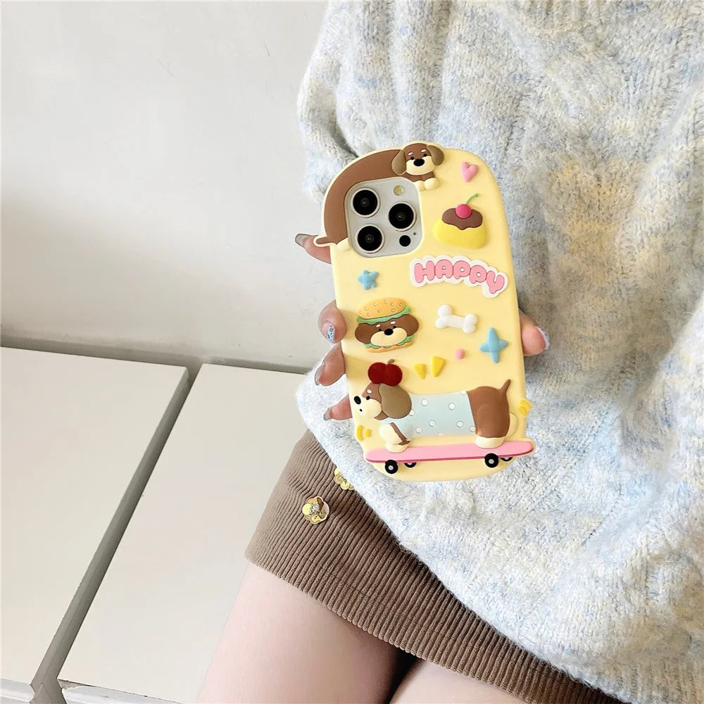 For iPhone 16 Pro Max Silicone Case Cute Skateboarding Dachshund Design Shockproof Phone Back Cover - 2