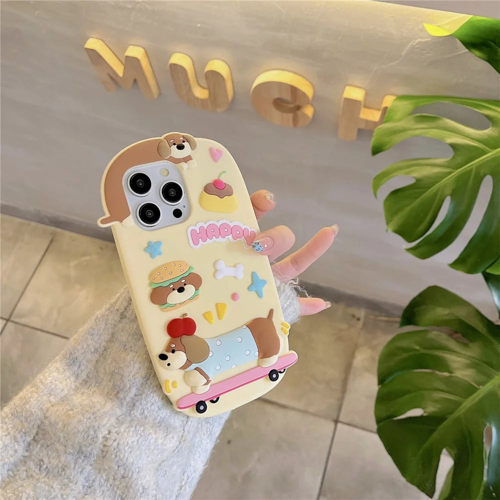 For iPhone 16 Pro Max Silicone Case Cute Skateboarding Dachshund Design Shockproof Phone Back Cover - 3
