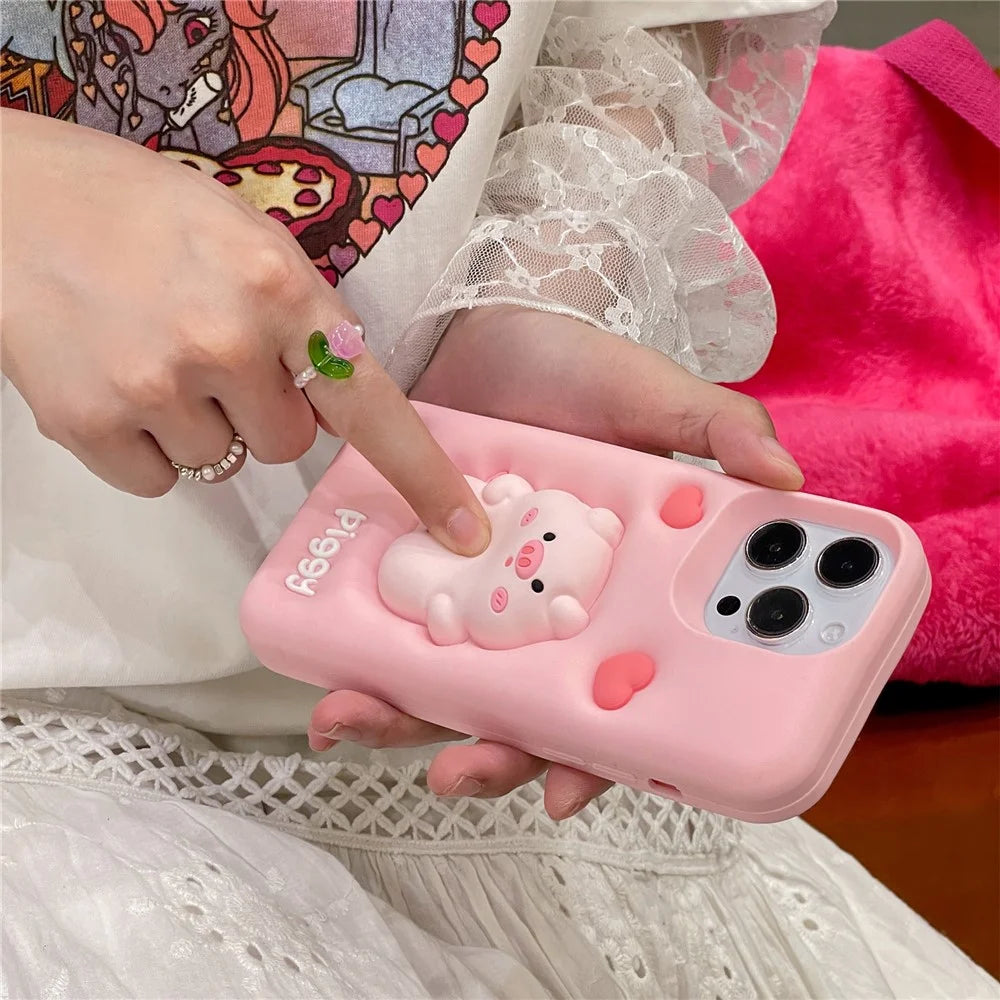 For iPhone 16 Pro Max Silicone Case Cute Expanding Pig Design Shockproof Phone Back Cover - 4