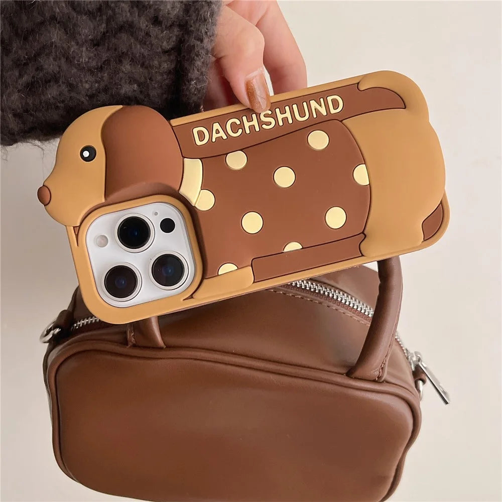 For iPhone 16 Pro Max Silicone Case Cute Round Dot Dachshund Design Shockproof Phone Back Cover - 3