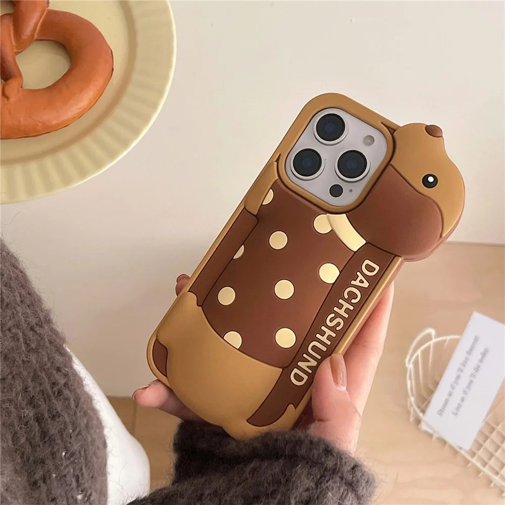 For iPhone 16 Pro Max Silicone Case Cute Round Dot Dachshund Design Shockproof Phone Back Cover - 4