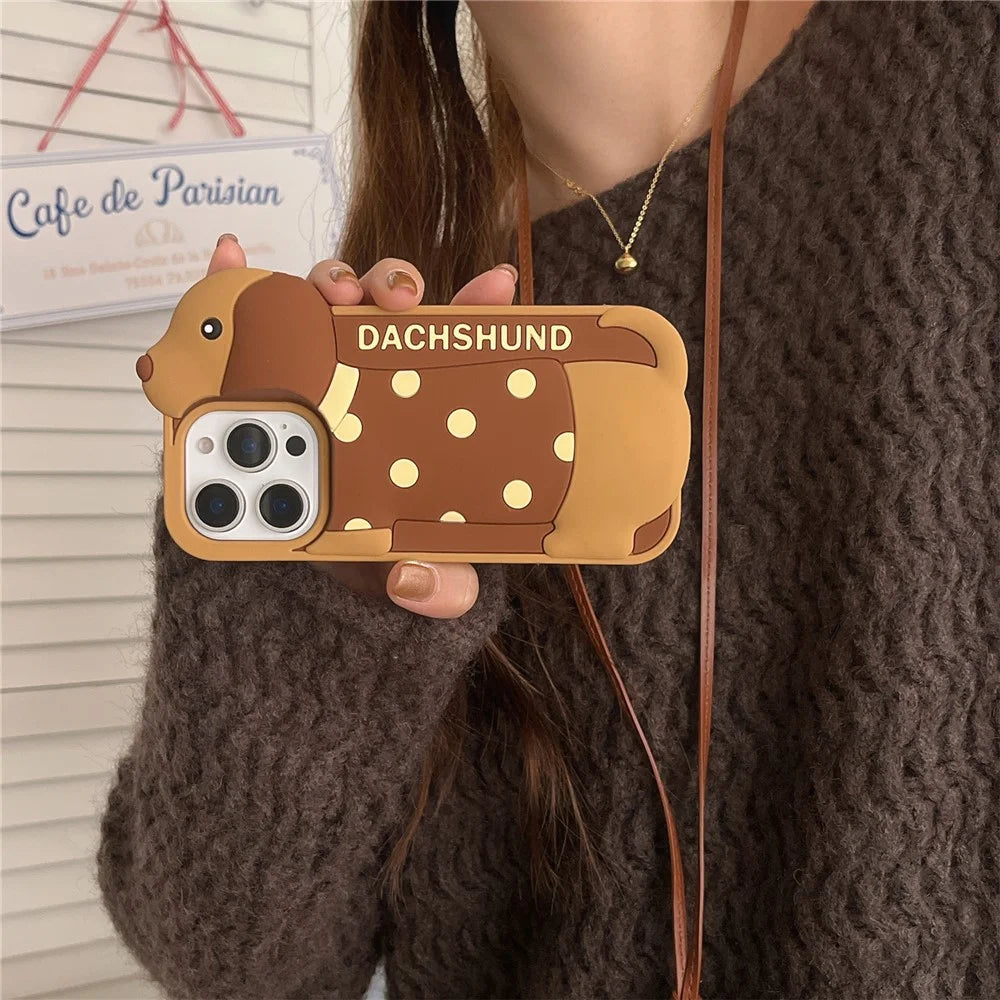 For iPhone 16 Pro Max Silicone Case Cute Round Dot Dachshund Design Shockproof Phone Back Cover - 5