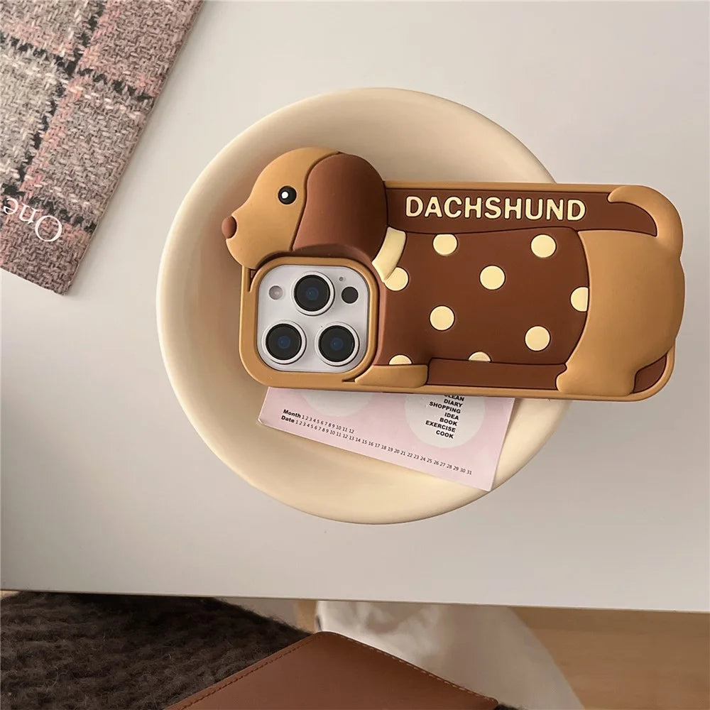 For iPhone 16 Pro Max Silicone Case Cute Round Dot Dachshund Design Shockproof Phone Back Cover - 6