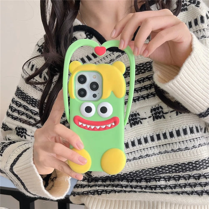 For iPhone 16 Pro Max Silicone Case Cute Heart Monster Design Shockproof Phone Back Cover - Green - 2