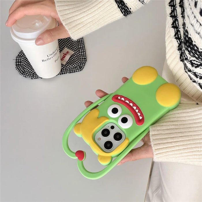 For iPhone 16 Pro Max Silicone Case Cute Heart Monster Design Shockproof Phone Back Cover - Green - 4