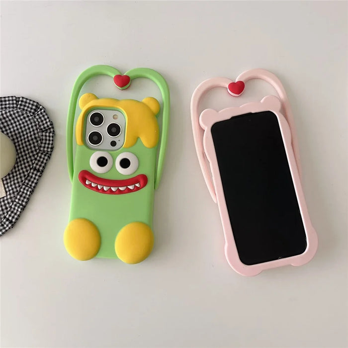 For iPhone 16 Pro Max Silicone Case Cute Heart Monster Design Shockproof Phone Back Cover - Green - 5