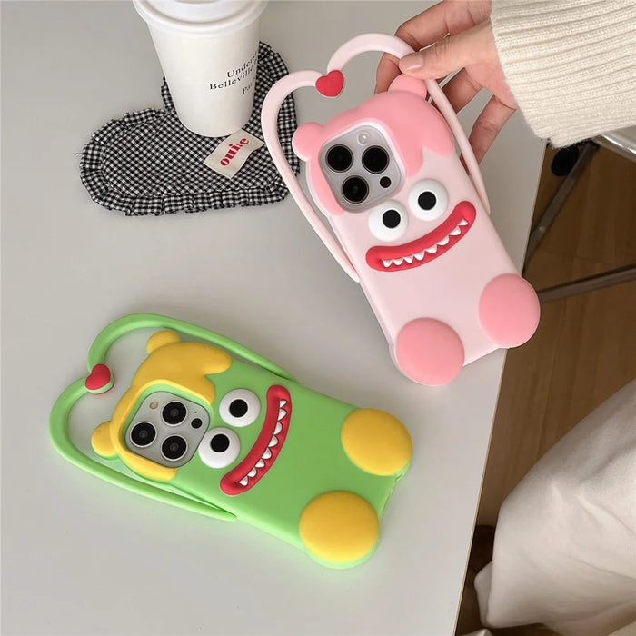 For iPhone 16 Pro Max Silicone Case Cute Heart Monster Design Shockproof Phone Back Cover - Green - 7