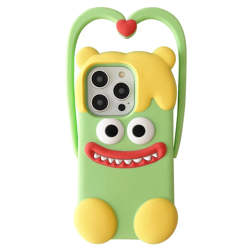 For iPhone 16 Pro Silicone Case Cute Heart Monster Design Shockproof Phone Back Cover - Green - 1