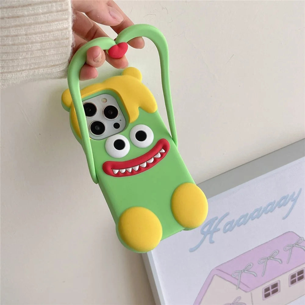 For iPhone 16 Pro Silicone Case Cute Heart Monster Design Shockproof Phone Back Cover - Green - 3