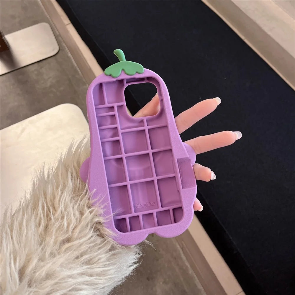 For iPhone 16 Pro Max Silicone Case Cute Eggplant Bear Design Shockproof Phone Back Cover - 3
