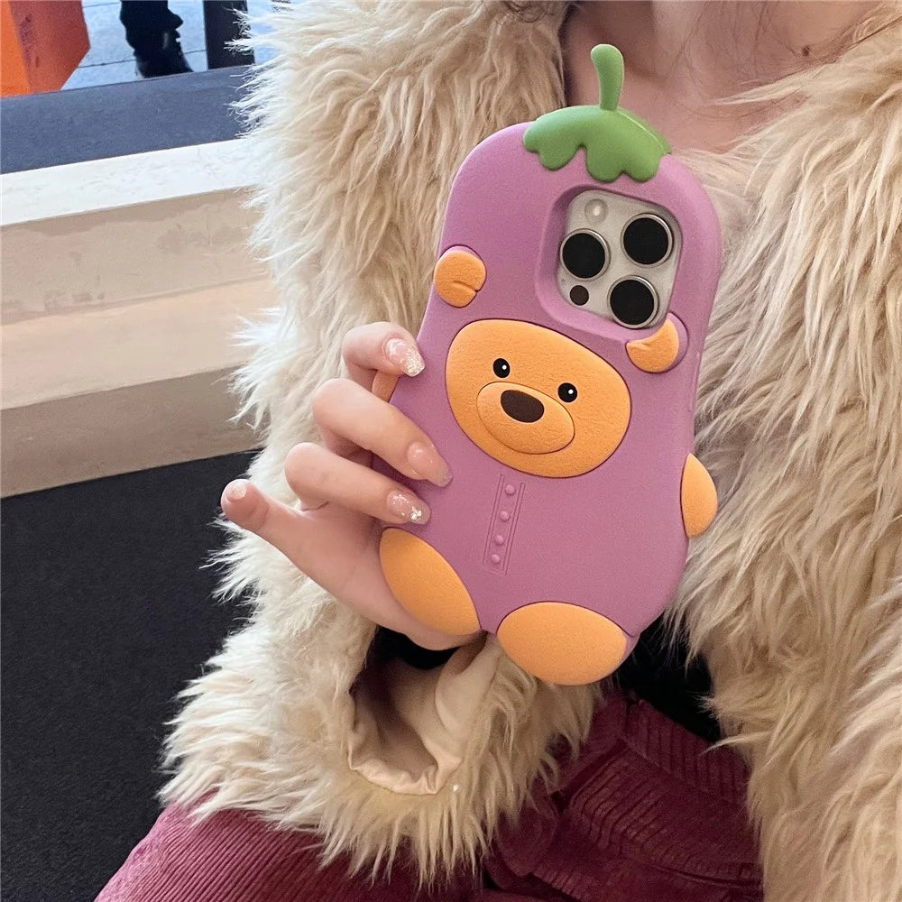 For iPhone 16 Pro Max Silicone Case Cute Eggplant Bear Design Shockproof Phone Back Cover - 4