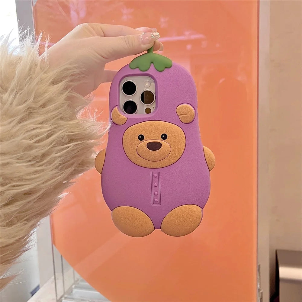 For iPhone 16 Pro Max Silicone Case Cute Eggplant Bear Design Shockproof Phone Back Cover - 5