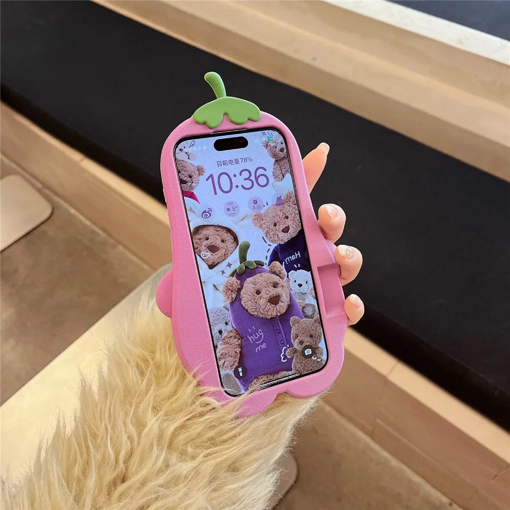 For iPhone 16 Pro Max Silicone Case Cute Eggplant Bear Design Shockproof Phone Back Cover - 6