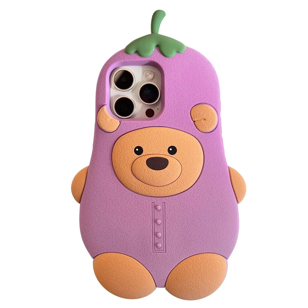 For iPhone 16 Pro Silicone Case Cute Eggplant Bear Design Shockproof Phone Back Cover - 1