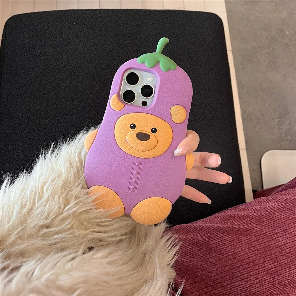 For iPhone 16 Pro Silicone Case Cute Eggplant Bear Design Shockproof Phone Back Cover - 2