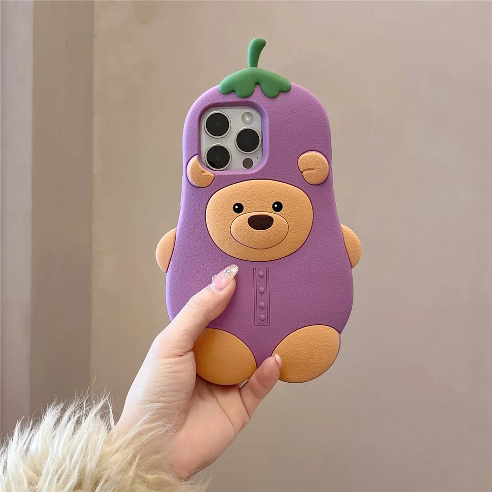 For iPhone 16 Pro Silicone Case Cute Eggplant Bear Design Shockproof Phone Back Cover - 7