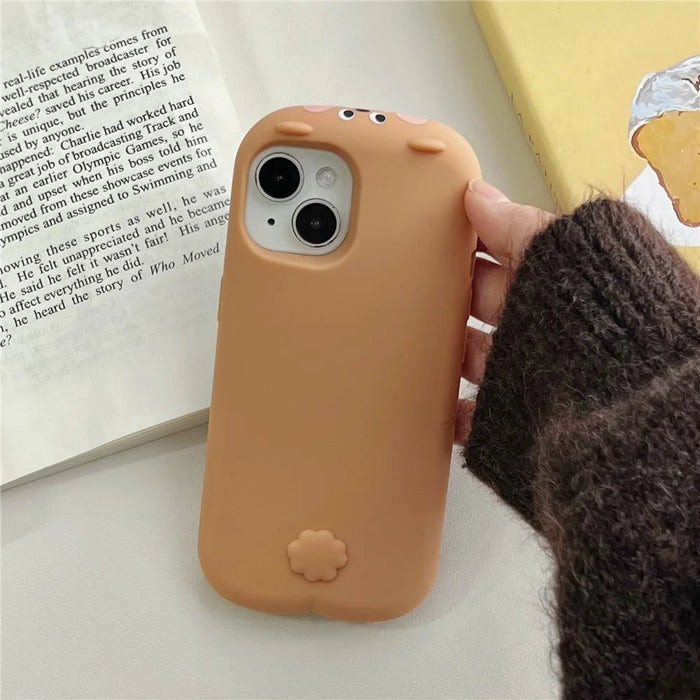 For iPhone 15 Silicone Case Cute Sleeping Milk Tea Bear Design Shockproof Phone Back Cover - 1