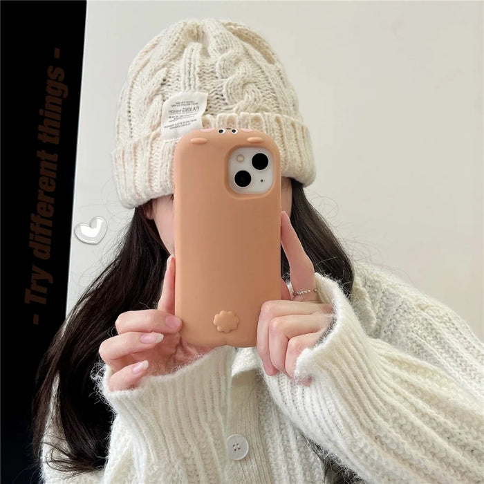 For iPhone 15 Silicone Case Cute Sleeping Milk Tea Bear Design Shockproof Phone Back Cover - 3