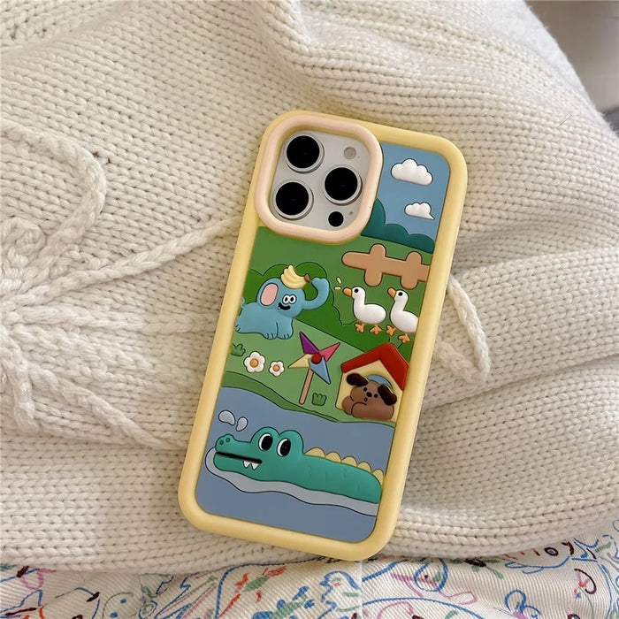 For iPhone 16 Pro Max Silicone Case Cute Animal Farm Design Shockproof Phone Back Cover - 7