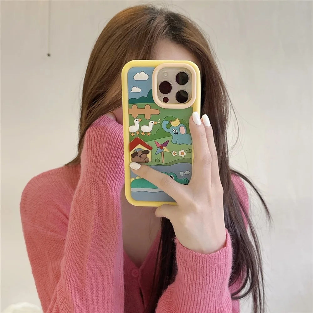 For iPhone 16 Pro Silicone Case Cute Animal Farm Design Shockproof Phone Back Cover - 6