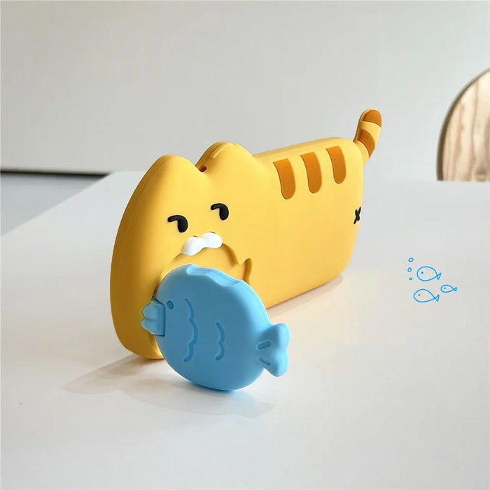 For iPhone 15 Plus Silicone Case Cat Eating Fish Design Lens Cover Kickstand Phone Back Cover - 3