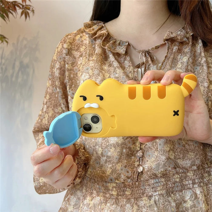 For iPhone 15 Plus Silicone Case Cat Eating Fish Design Lens Cover Kickstand Phone Back Cover - 6