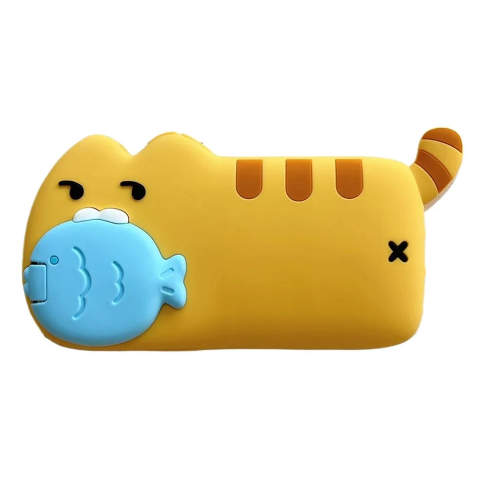 For iPhone 15 Silicone Case Cat Eating Fish Design Lens Cover Kickstand Phone Back Cover - 1