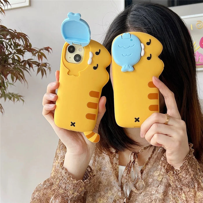 For iPhone 15 Silicone Case Cat Eating Fish Design Lens Cover Kickstand Phone Back Cover - 5