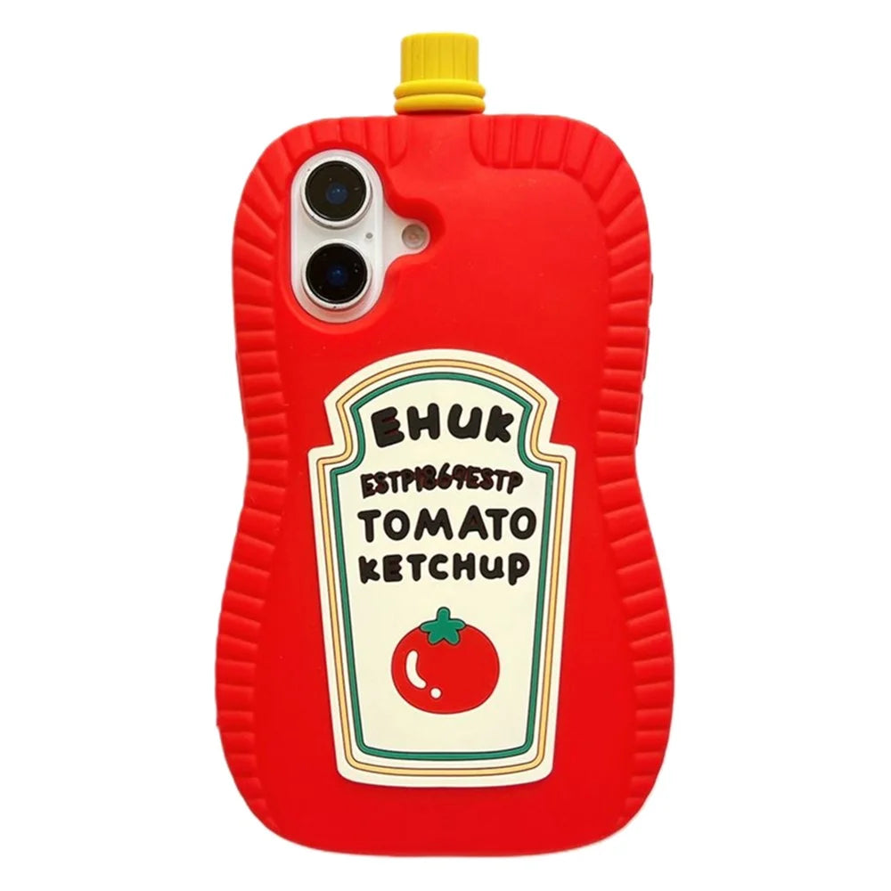 For iPhone 16 Silicone Case Cute Ketchup Bottle Design Shockproof Phone Back Cover - 1