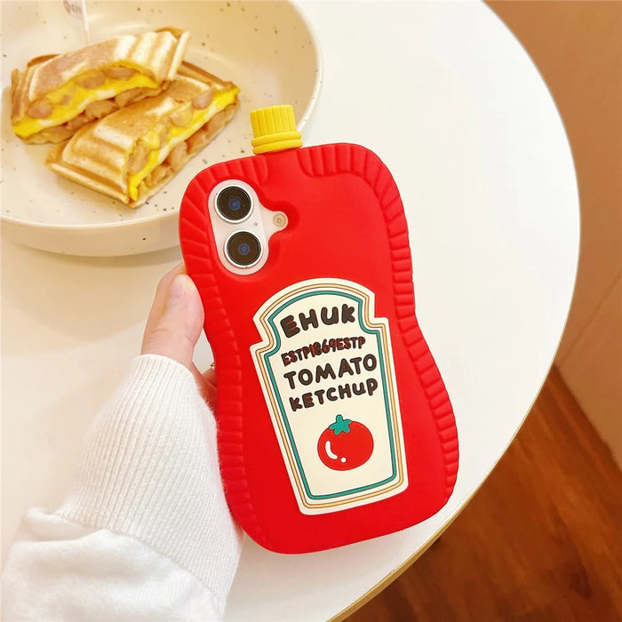 For iPhone 16 Silicone Case Cute Ketchup Bottle Design Shockproof Phone Back Cover - 2