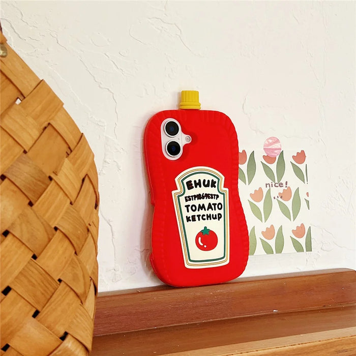 For iPhone 16 Silicone Case Cute Ketchup Bottle Design Shockproof Phone Back Cover - 6