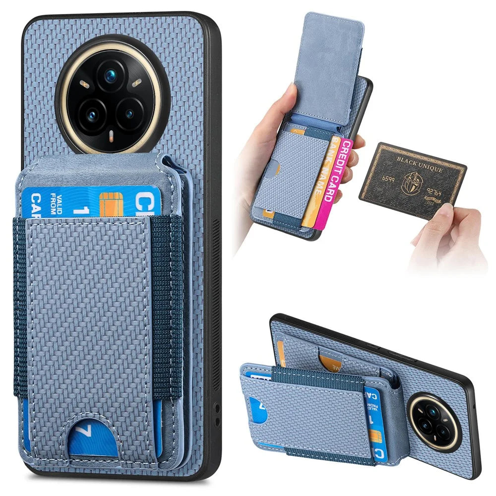 For Realme 14 Pro 5G Case with Card Holder Kickstand Leather Back Cover - Blue - 1