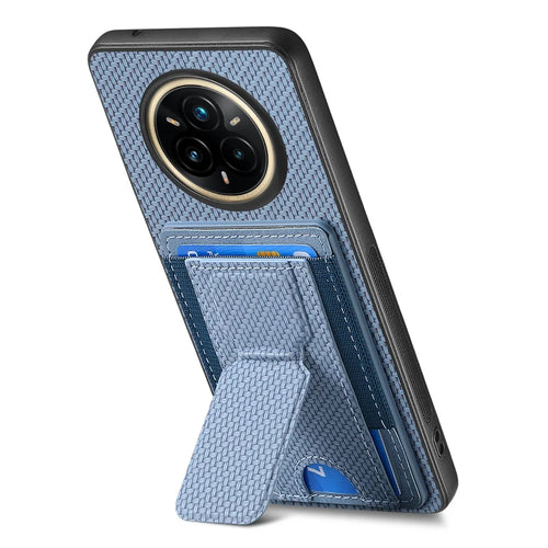 For Realme 14 Pro 5G Case with Card Holder Kickstand Fiber Pattern Leather Back Cover - Blue - 1