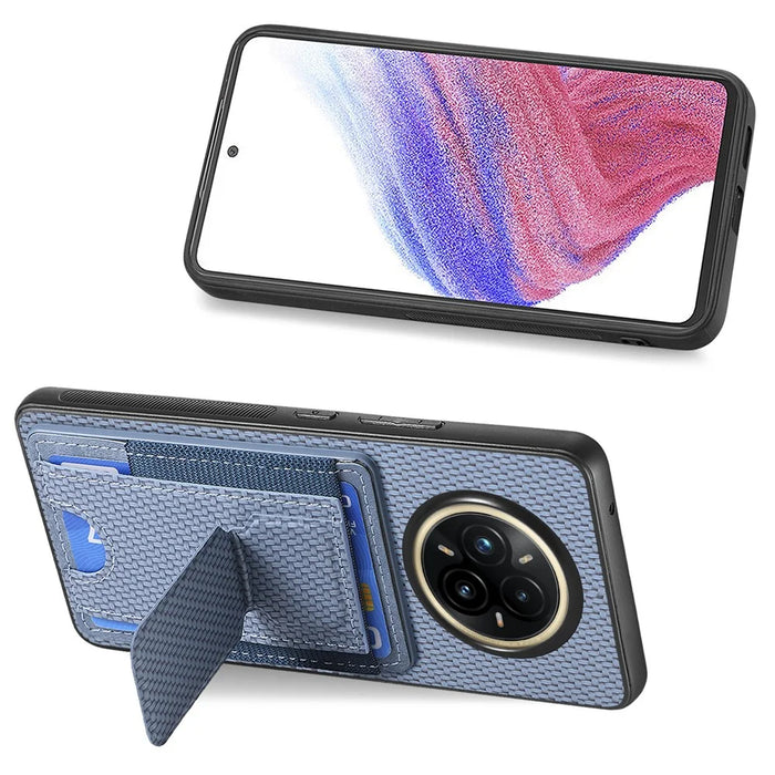 For Realme 14 Pro 5G Case with Card Holder Kickstand Fiber Pattern Leather Back Cover - Blue - 4