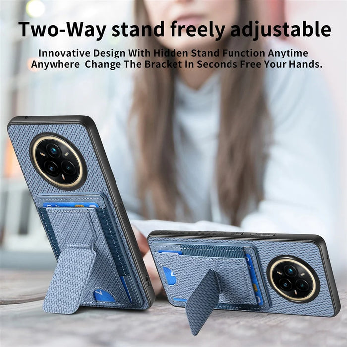 For Realme 14 Pro 5G Case with Card Holder Kickstand Fiber Pattern Leather Back Cover - Blue - 5