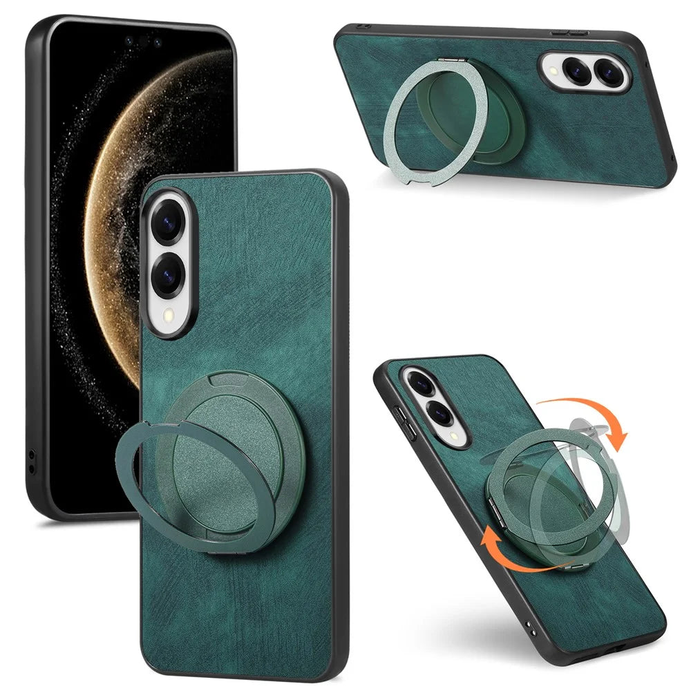For Samsung Galaxy S25 Edge Phone Case with Rotating Kickstand Stress Relief Retro Leather Back Cover - Green - 1