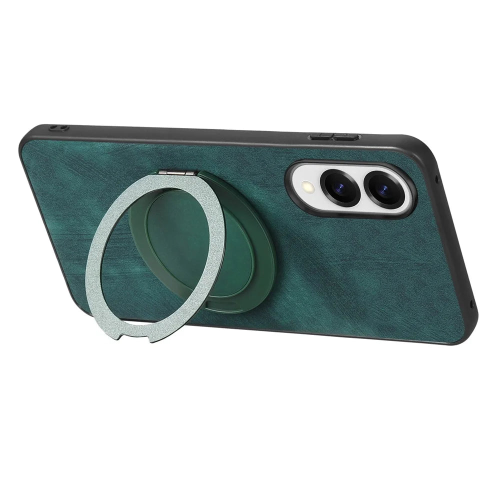For Samsung Galaxy S25 Edge Phone Case with Rotating Kickstand Stress Relief Retro Leather Back Cover - Green - 4